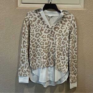 Milano Cream & Tan Cheetah Print Collared Layered Blouse Top